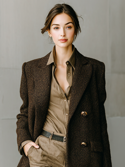 Long coat in wool blend with minimalist herringbone stripes