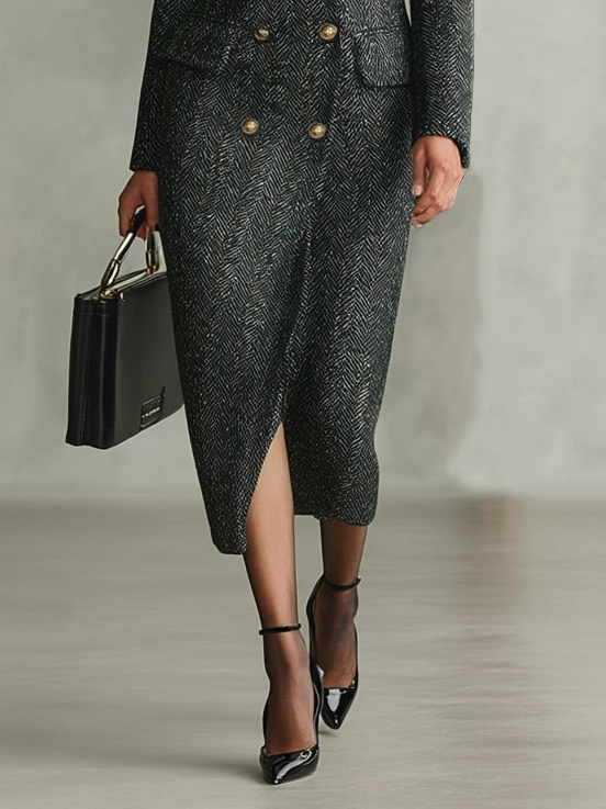 Long coat with detachable fur collar and minimalist herringbone design