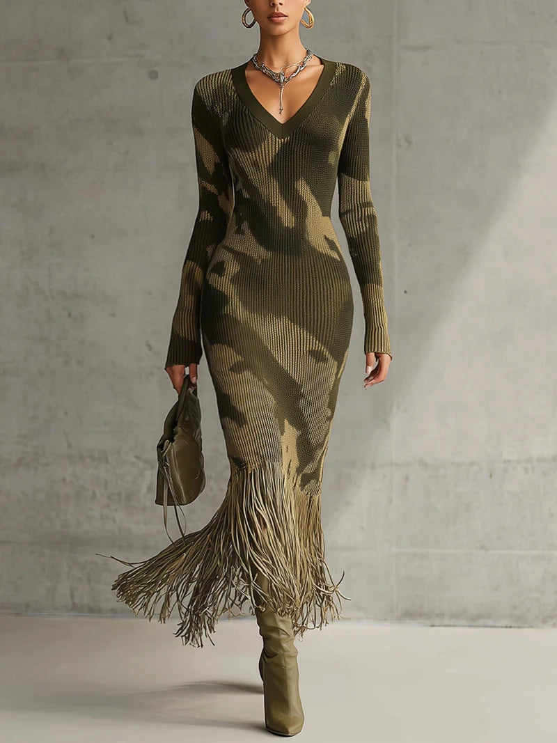 Olive camouflage print knit midi dress with V-neck and fringed hem