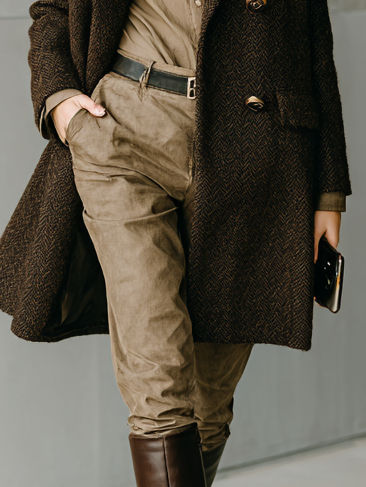 Long coat in wool blend with minimalist herringbone stripes