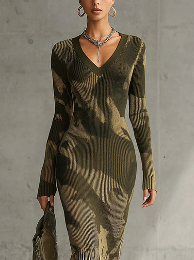 Olive camouflage print knit midi dress with V-neck and fringed hem