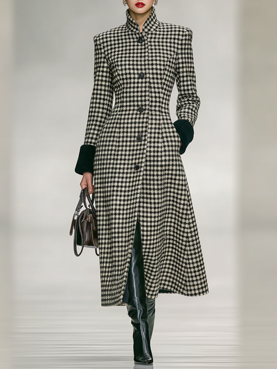 Long herringbone check coat in tweed blend with high collar and hem