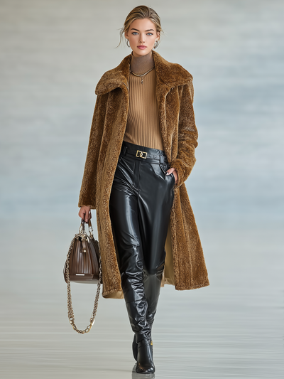 Mid-length plush coat with lapel