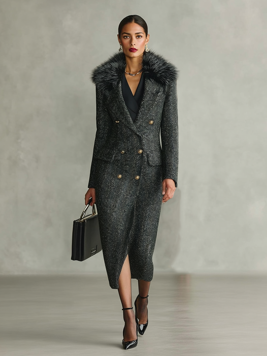 Long coat with detachable fur collar and minimalist herringbone design