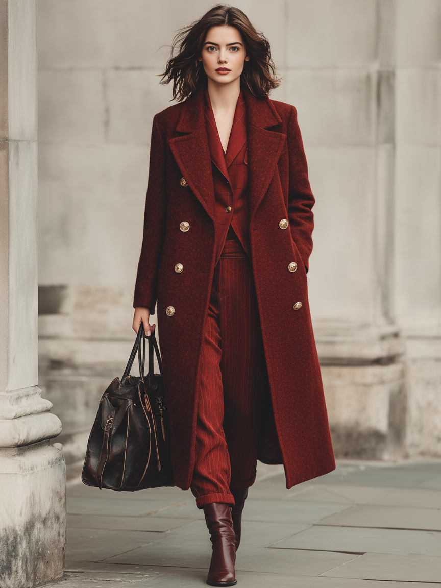 Minimalist double-breasted long coat with wool blend