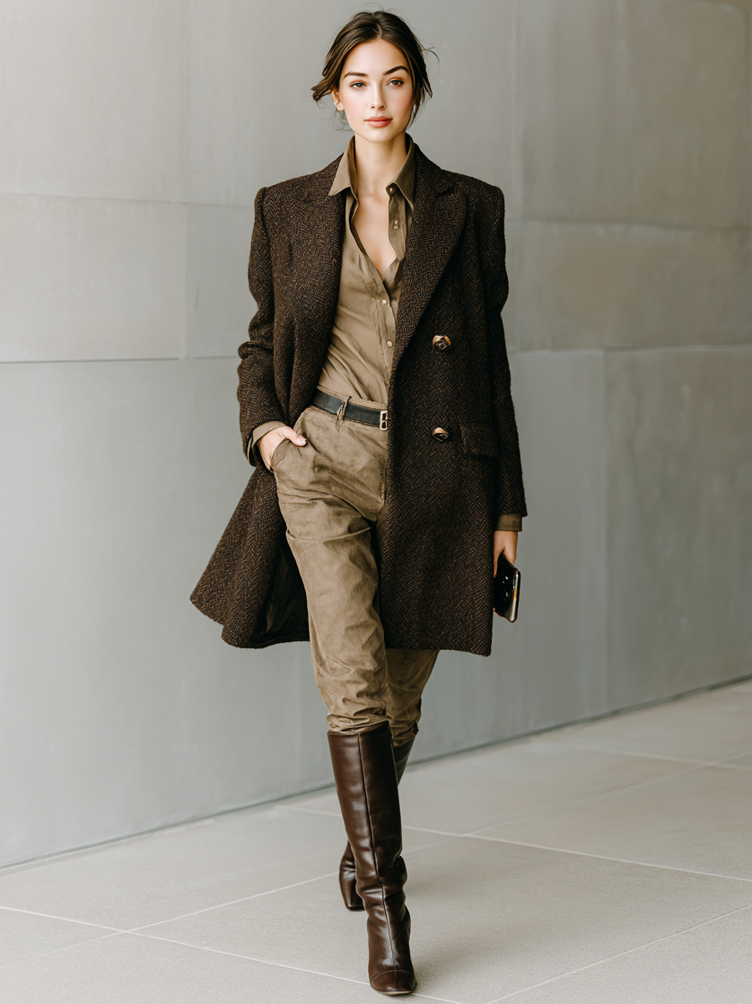 Long coat in wool blend with minimalist herringbone stripes