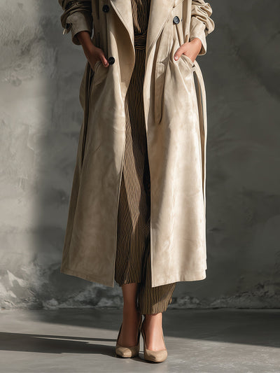 Classic beige suede gabardine coat with double-breasted buttons