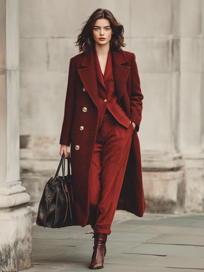 Minimalist double-breasted long coat with wool blend