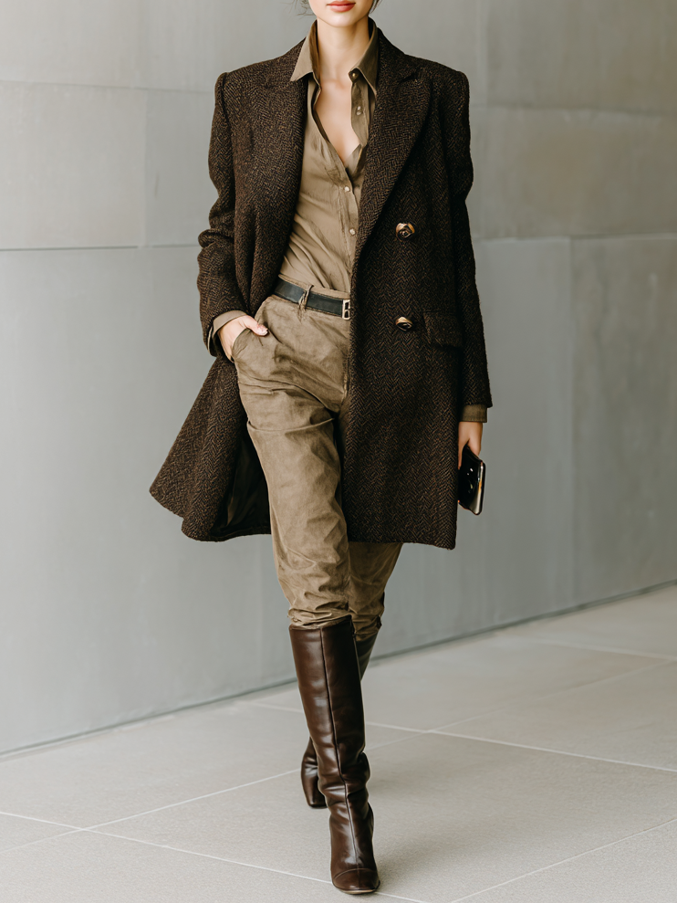 Long coat in wool blend with minimalist herringbone stripes