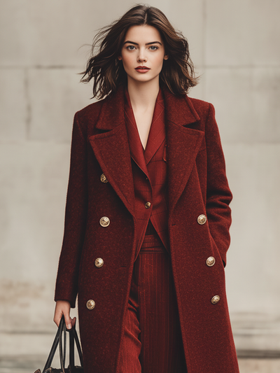 Minimalist double-breasted long coat with wool blend