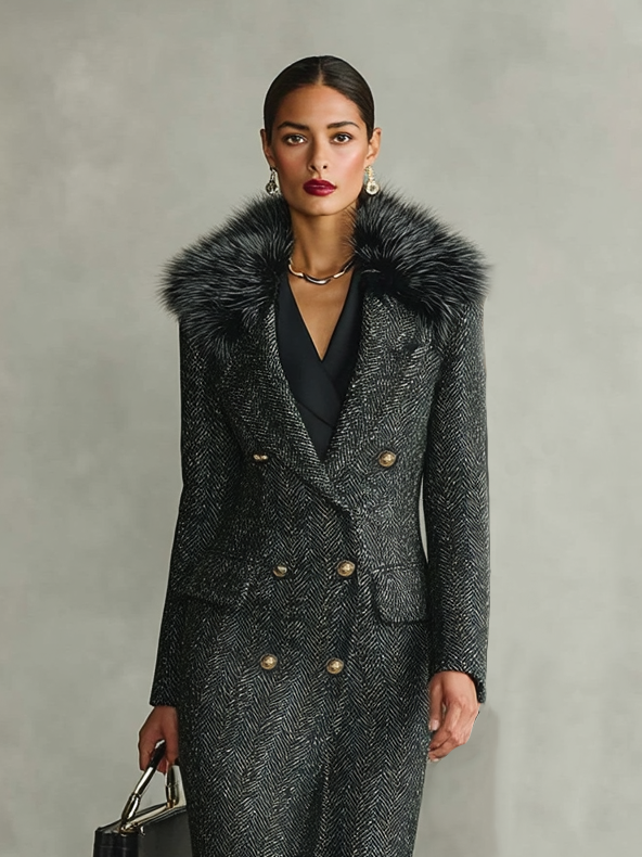 Long coat with detachable fur collar and minimalist herringbone design