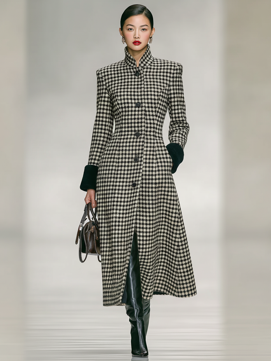 Long herringbone check coat in tweed blend with high collar and hem