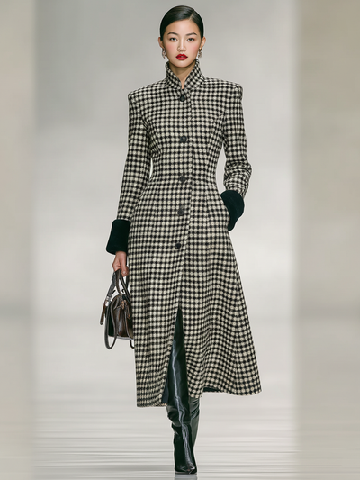 Long herringbone check coat in tweed blend with high collar and hem