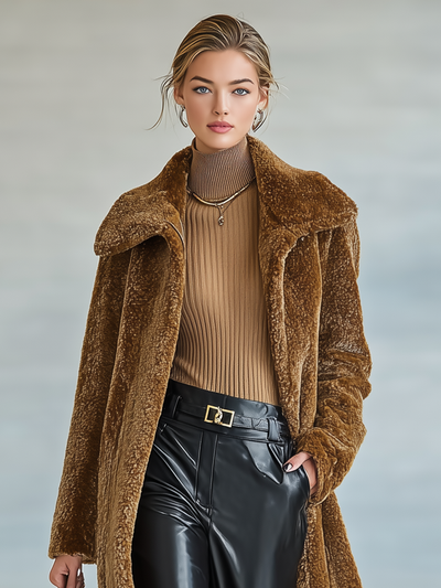 Mid-length plush coat with lapel