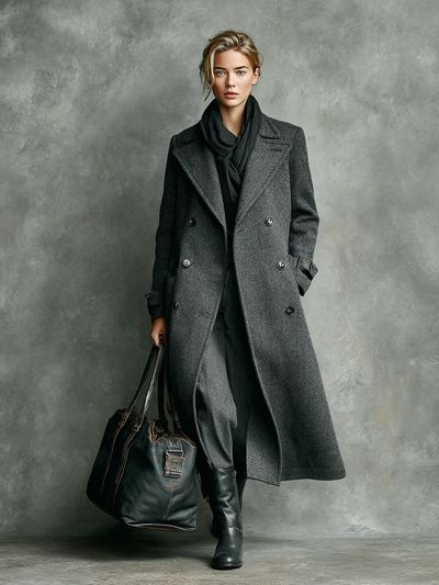 Long double-breasted wool blend coat