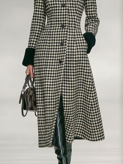 Long herringbone check coat in tweed blend with high collar and hem